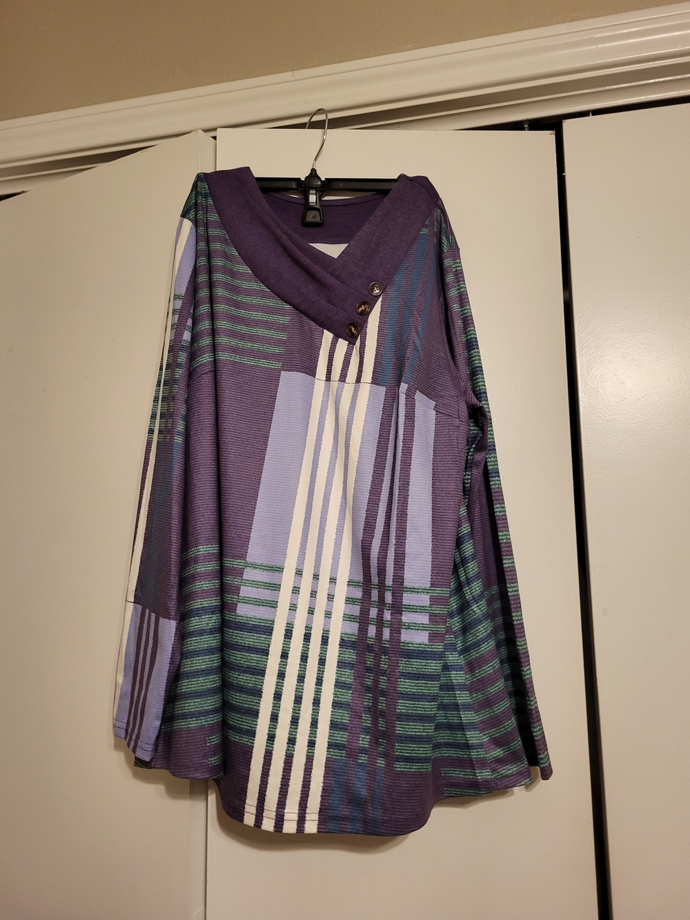 Purple Patterned Long-Sleeve Tunic with Accent Buttons